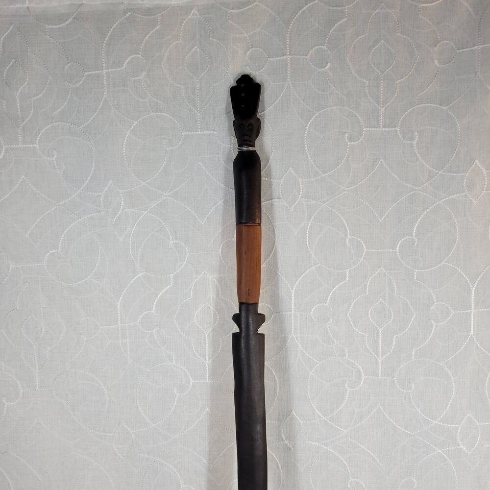 VTG African Ebony Wood Walking Stick 46" Black Hand Carved Tribal Mask Cane
